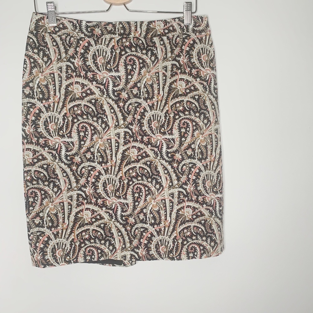 J Crew No 2 Feather Paisley Pencil Skirt Cotton Size 8